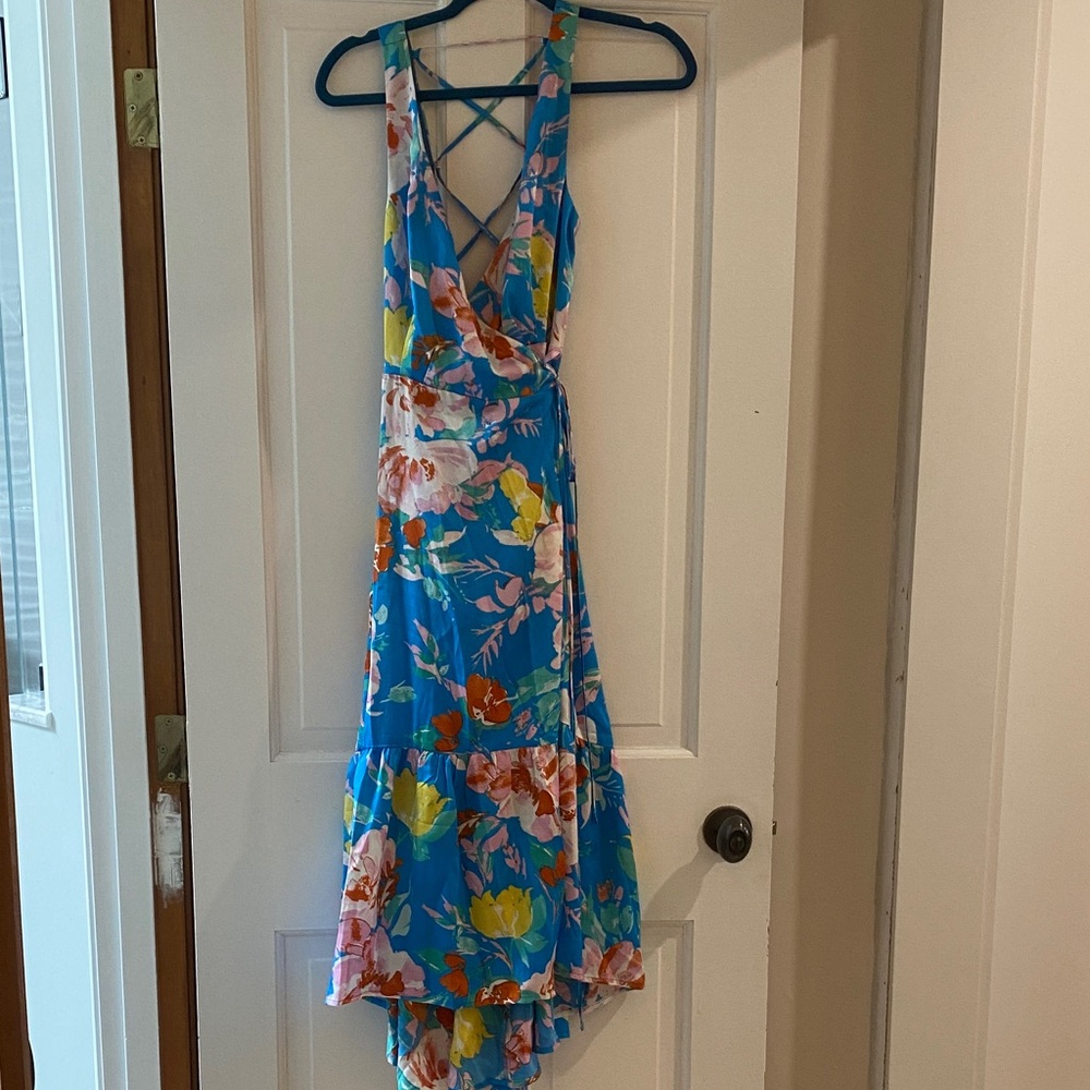 Lush tropical floral wrap sundress